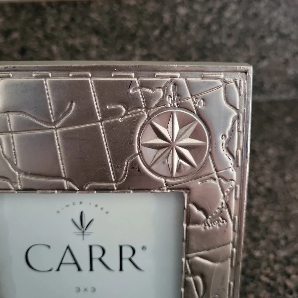 Vintage 1998 Carr Silver Tone World Map Compass 3x3 Photo Picture Frame Travel